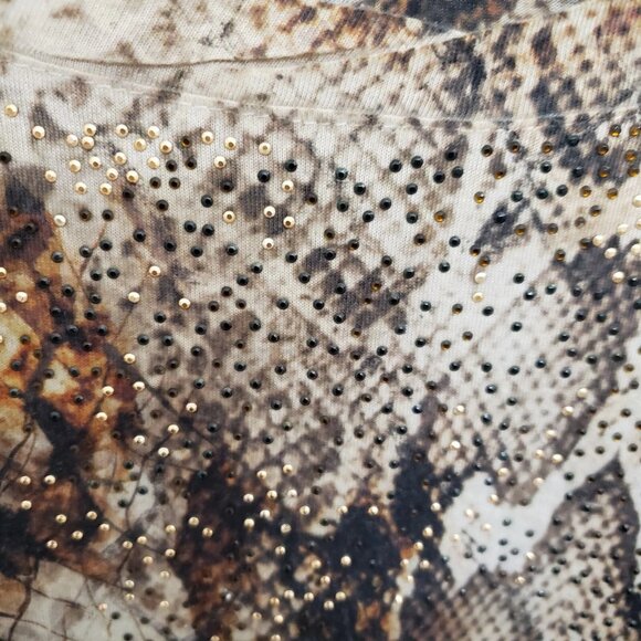 Chico's Brown and Tan Studded Snake Print 3/4 Sleeve Top Sz 1 - Picture 3 of 5